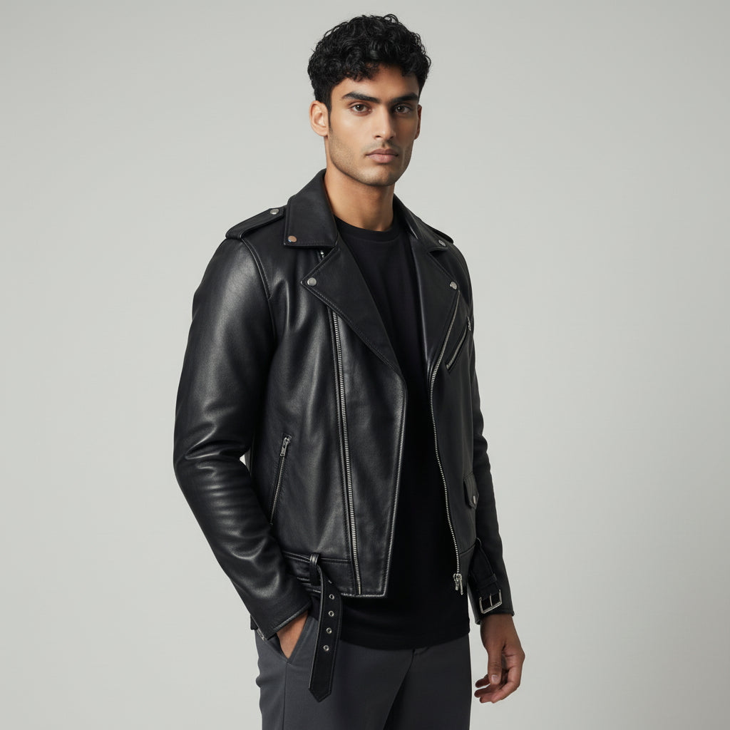 Cafe Racer Leather Biker Jacket Black