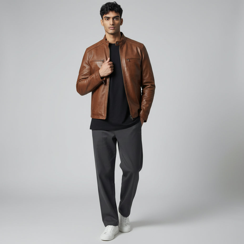 Thompson Leather Biker Jacket Brown