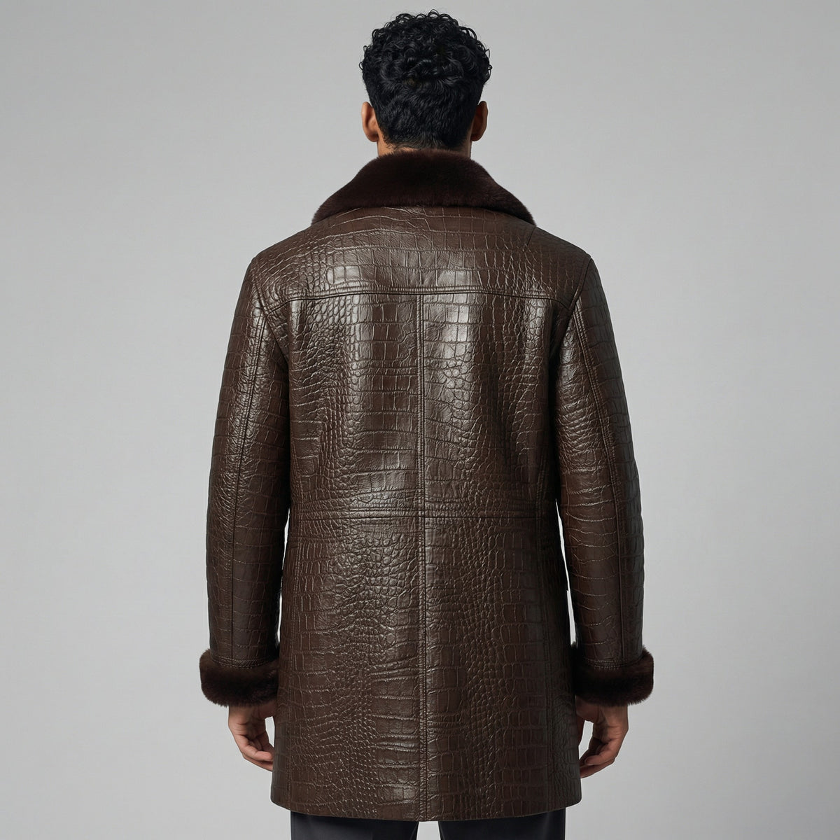 Men’s Brown Crocodile Embossed Leather Fur Coat