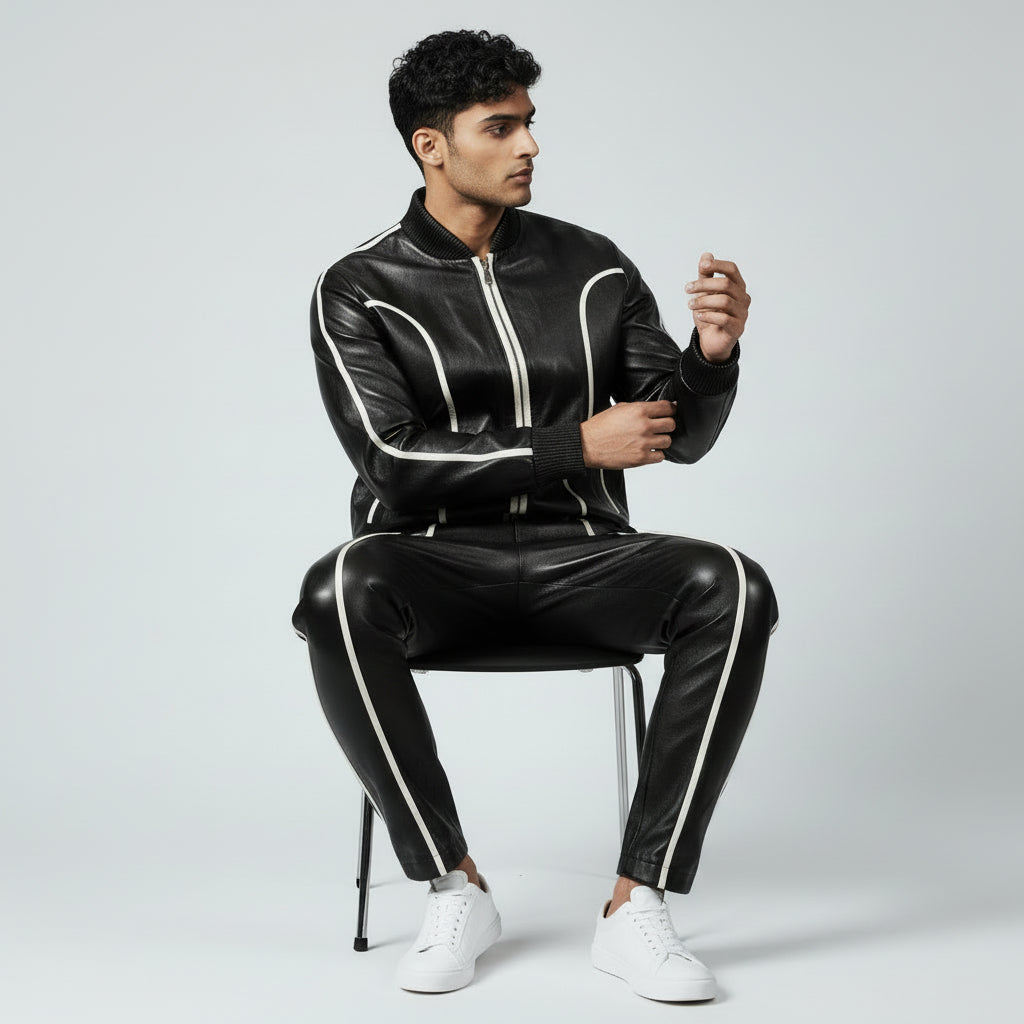 Men's Black Leather Track Suit Sweatsuit