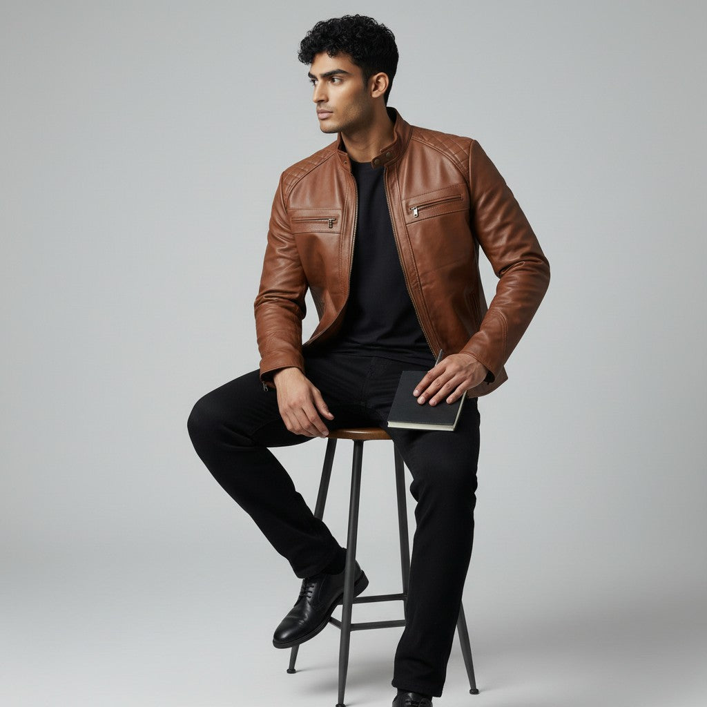 Classic Brown Biker Jacket | Men's Genuine Leather Jacket