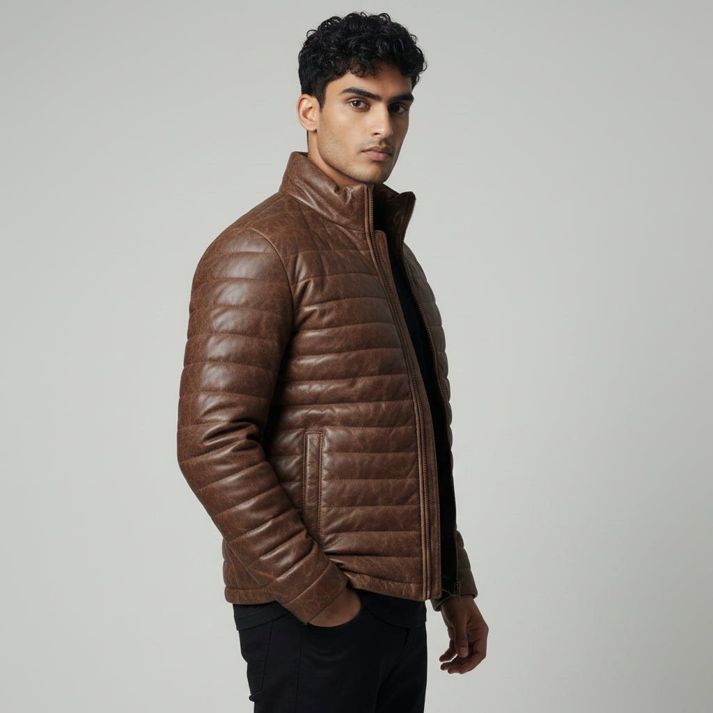 Brown Leather puffer jacket