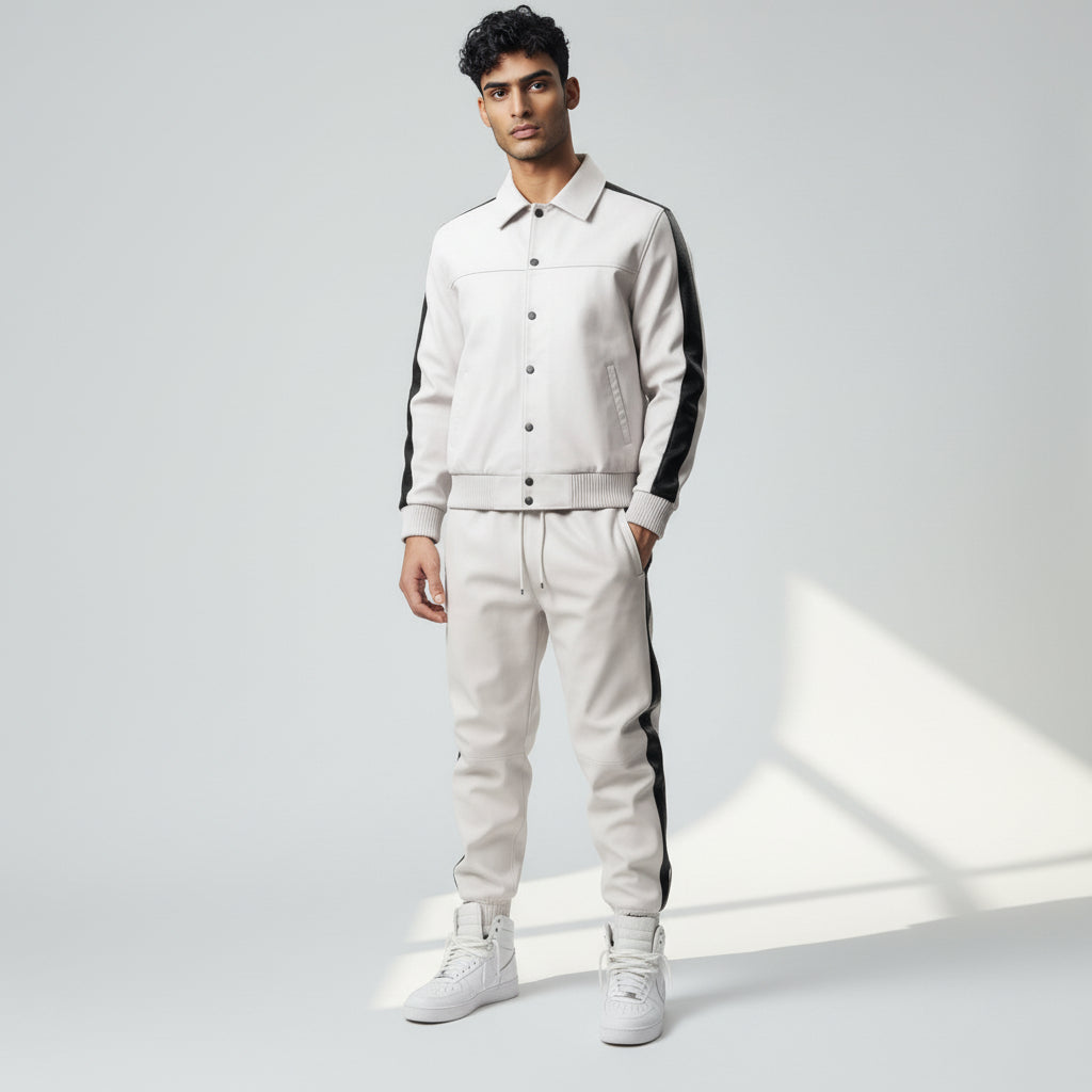 Men's White Leather Track Suit jogging Sweatsuit