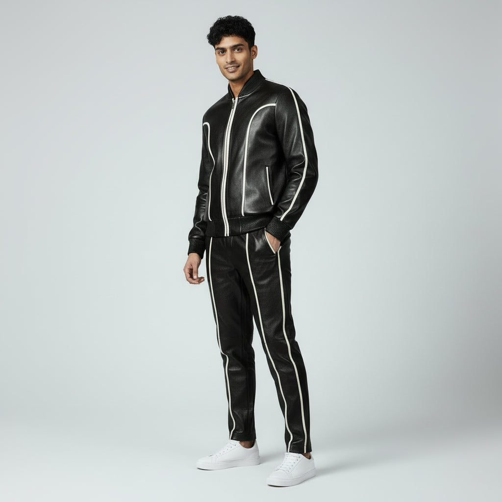Men's Black Leather Track Suit Sweatsuit
