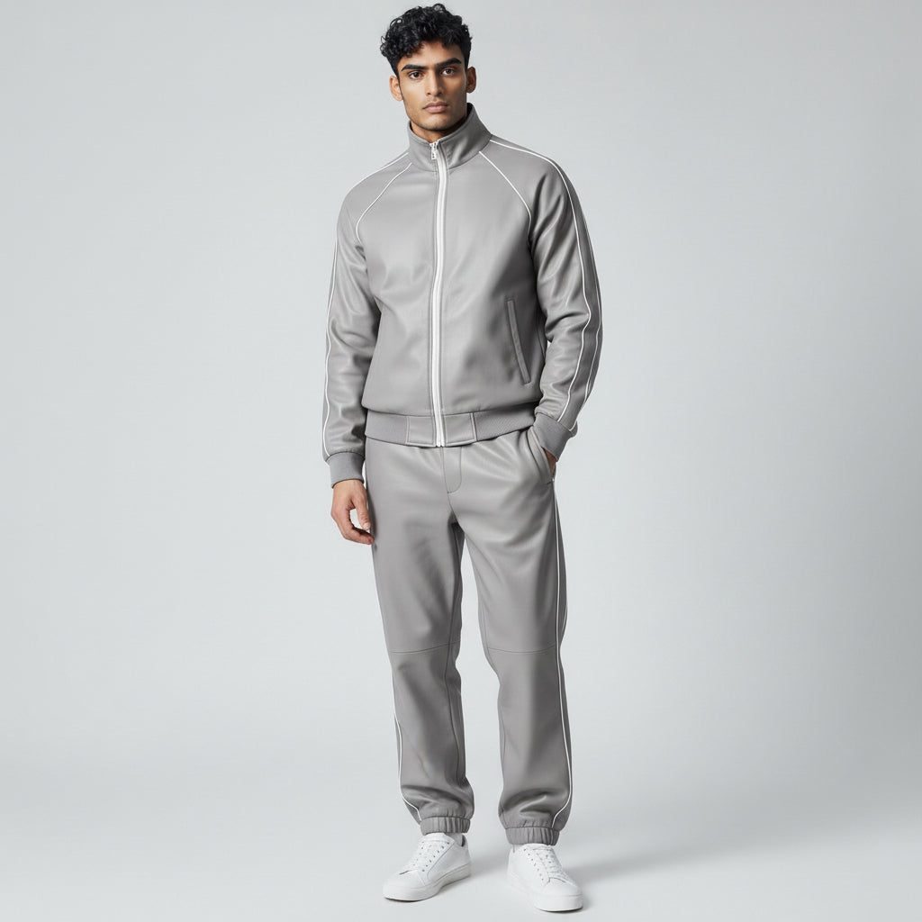 Grey Leather Track Suit Sweatsuit for men's