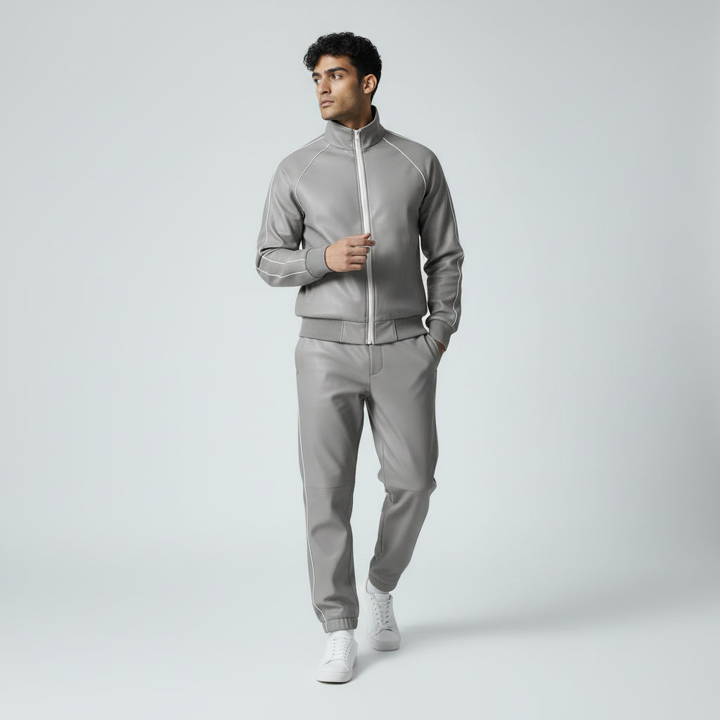 Grey Leather Track Suit Sweatsuit for men's