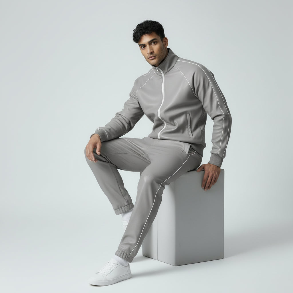 Grey Leather Track Suit Sweatsuit for men's
