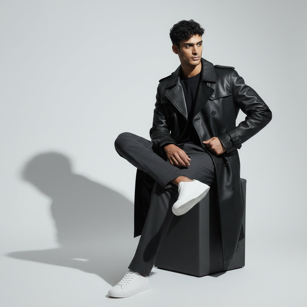 Black long leather coat for men's