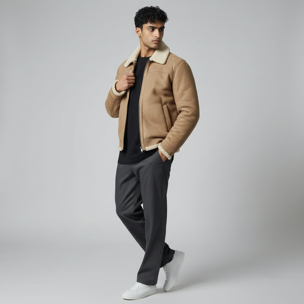Shearling Suede Leather Bomber Jacket