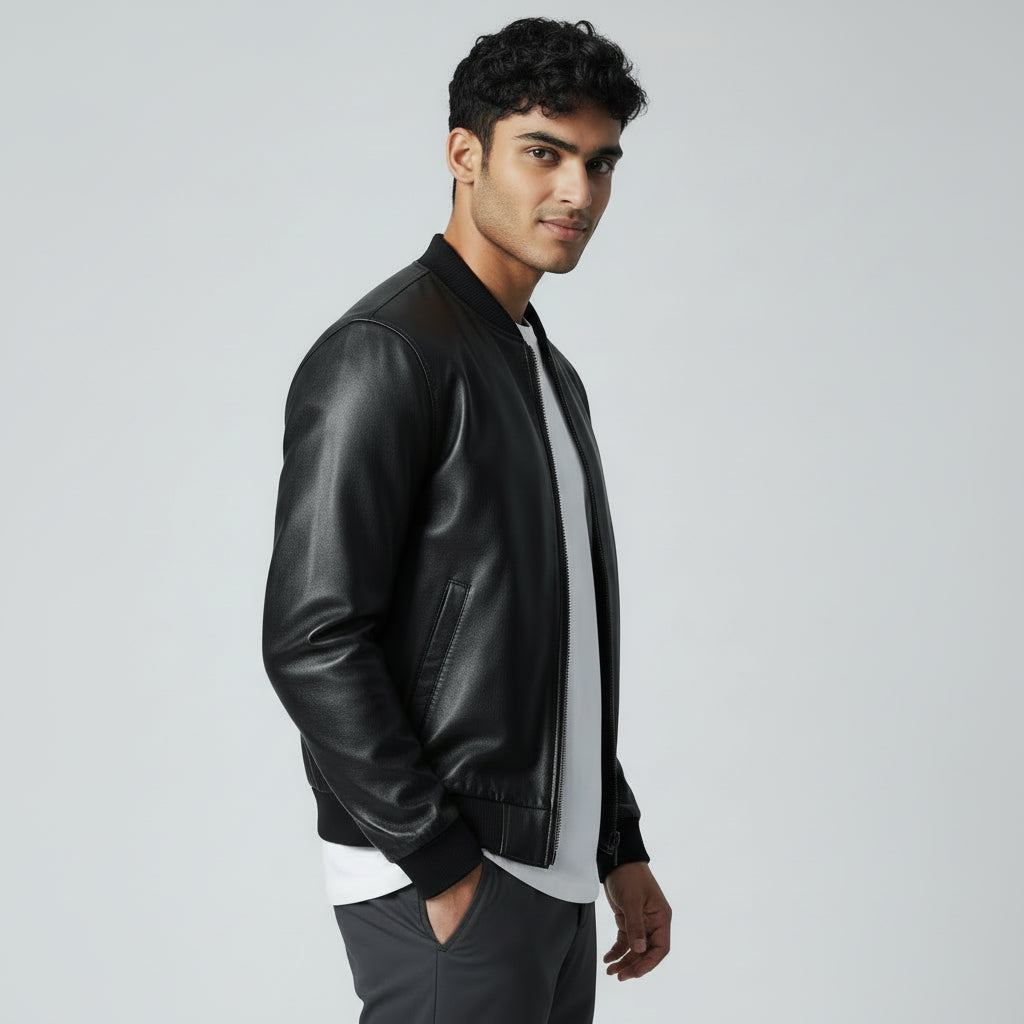Black Slim Fit Leather Jacket for Men's