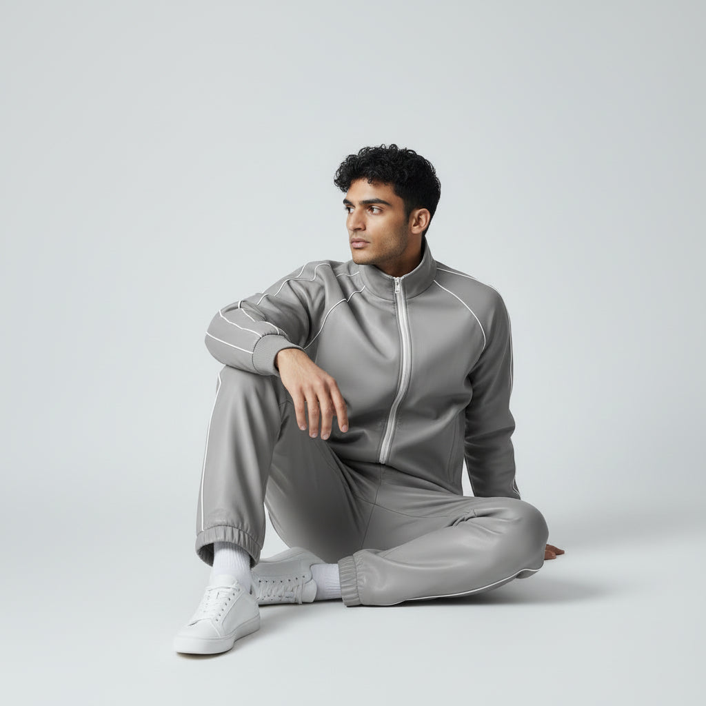 Grey Leather Track Suit Sweatsuit for men's