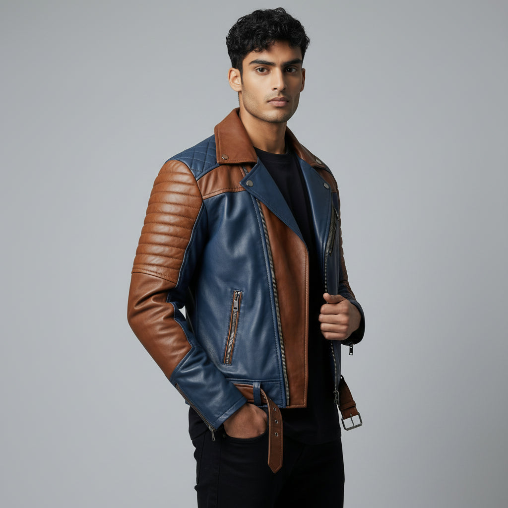 Blue and Brown Cafe Racer Leather jacket