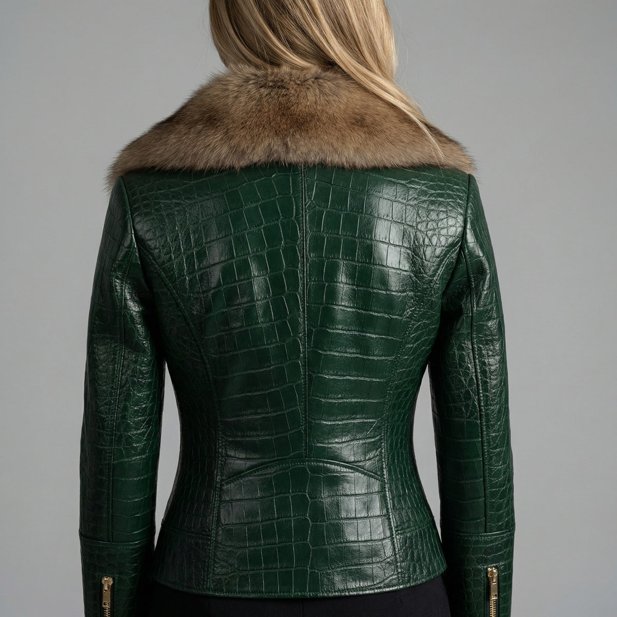 Women's Olive Green Crocodile-Embossed Leather Fur jacket