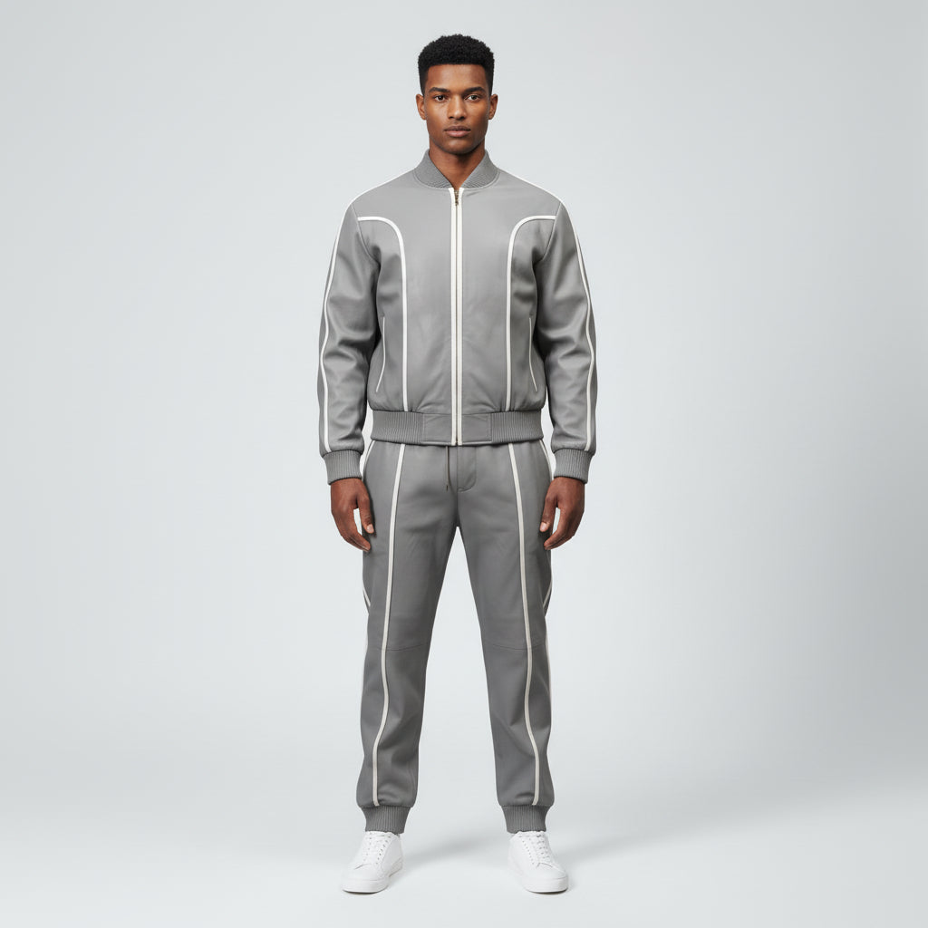 Men's Grey Leather Track Suit Sweatsuit