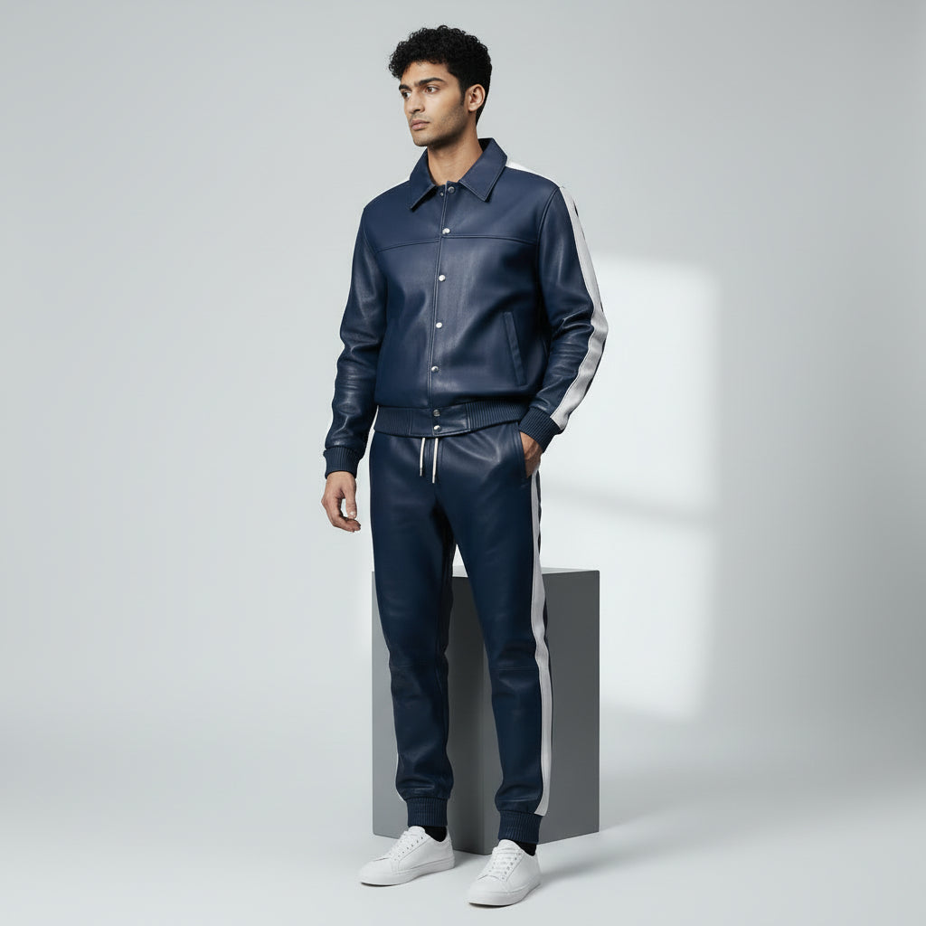 Men's Blue Leather Track Suit jogging Sweatsuit