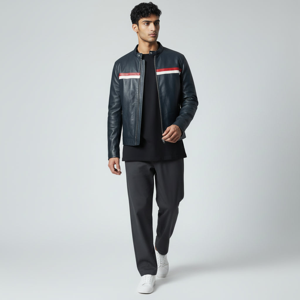 Racing Line Blue Leather Jacket for Men's