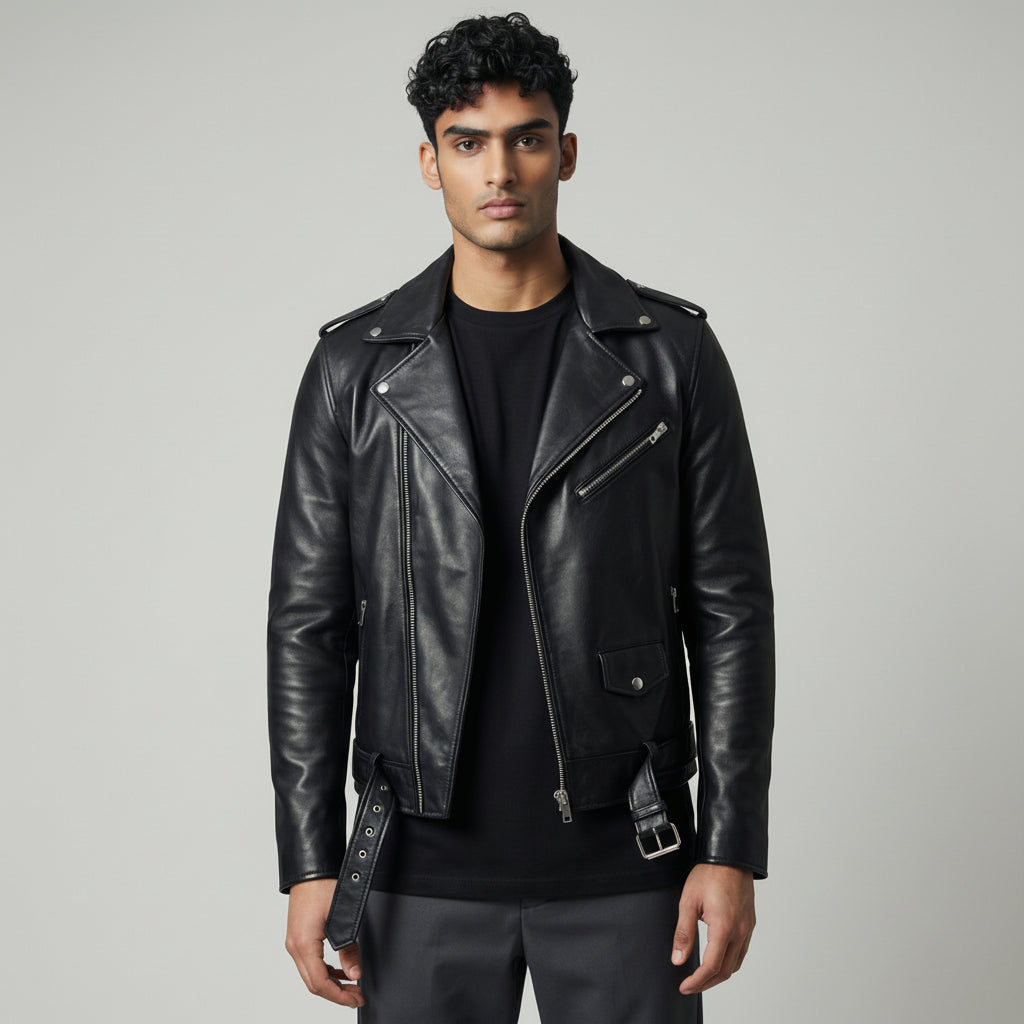 Cafe Racer Leather Biker Jacket Black