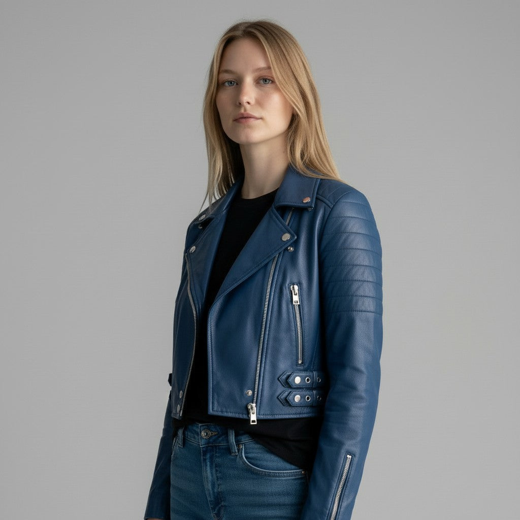 cropped Blue leather jacket For Women's