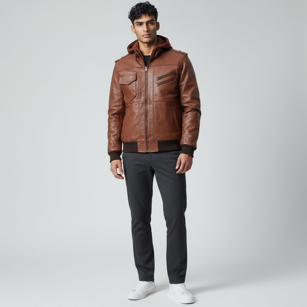 Hooded Brown Leather Biker Jacket for Men's