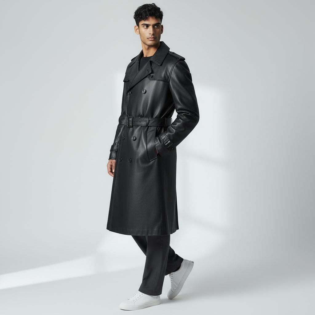 Black long leather coat for men's