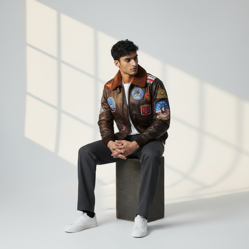 Maverick's Signature Style: The Iconic Dark Brown Leather Aviator Jacket