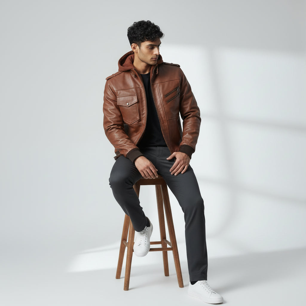 Hooded Brown Leather Biker Jacket for Men's