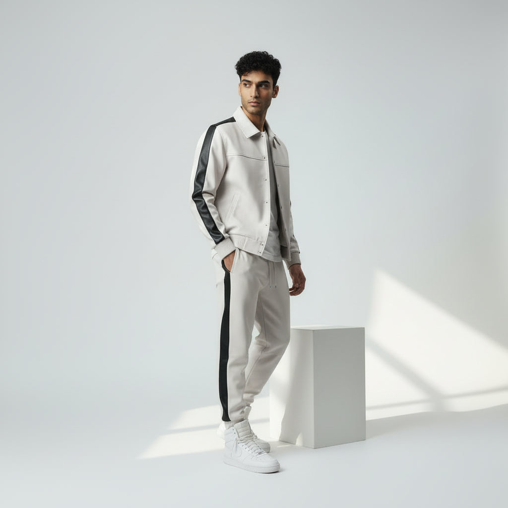Men's White Leather Track Suit jogging Sweatsuit