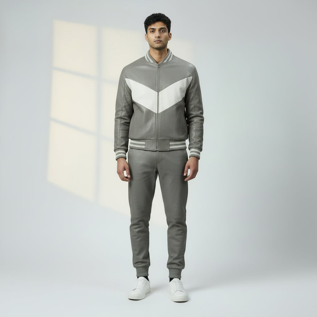 Men's V Grey Leather Track Suit jogging Sweatsuit