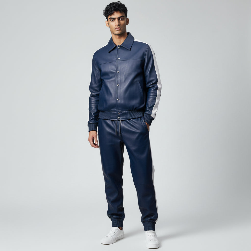Men's Blue Leather Track Suit jogging Sweatsuit