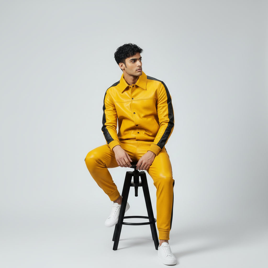 Men's Yellow Leather Track Suit jogging Sweatsuit