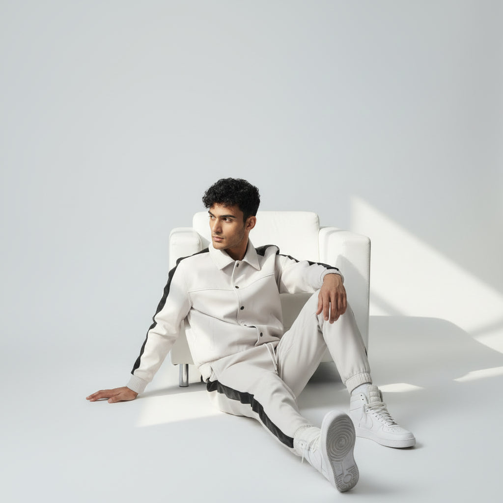 Men's White Leather Track Suit jogging Sweatsuit