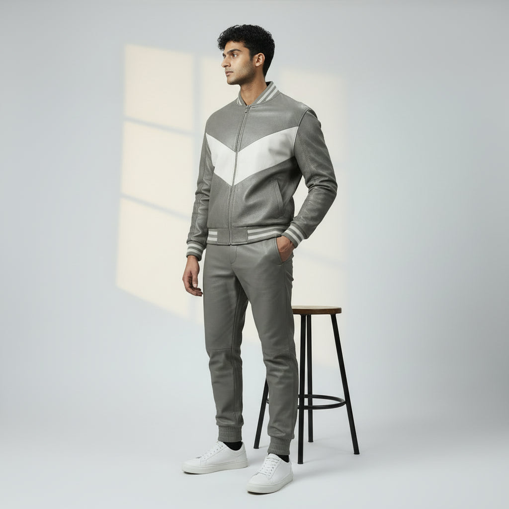 Men's V Grey Leather Track Suit jogging Sweatsuit