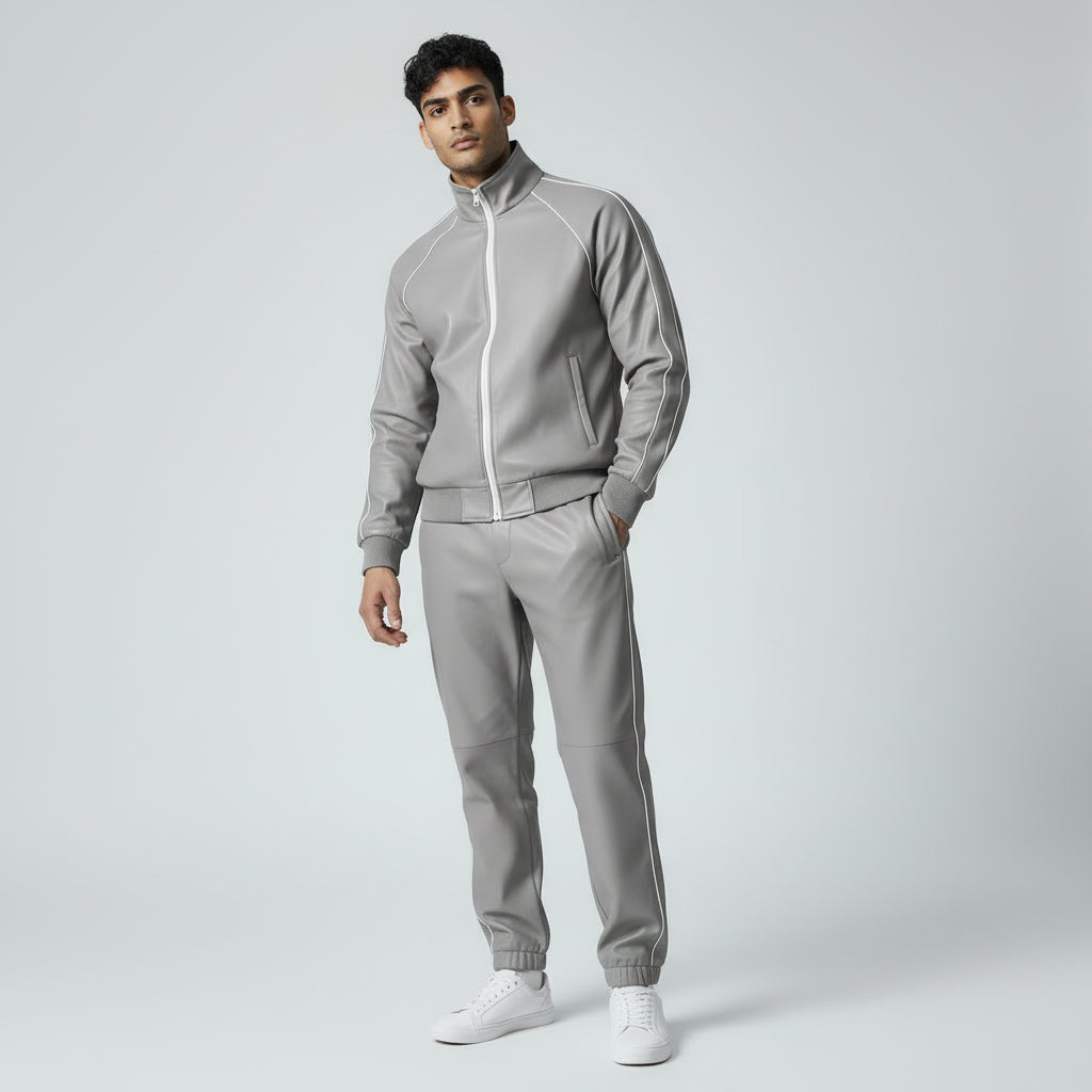 Grey Leather Track Suit Sweatsuit for men's