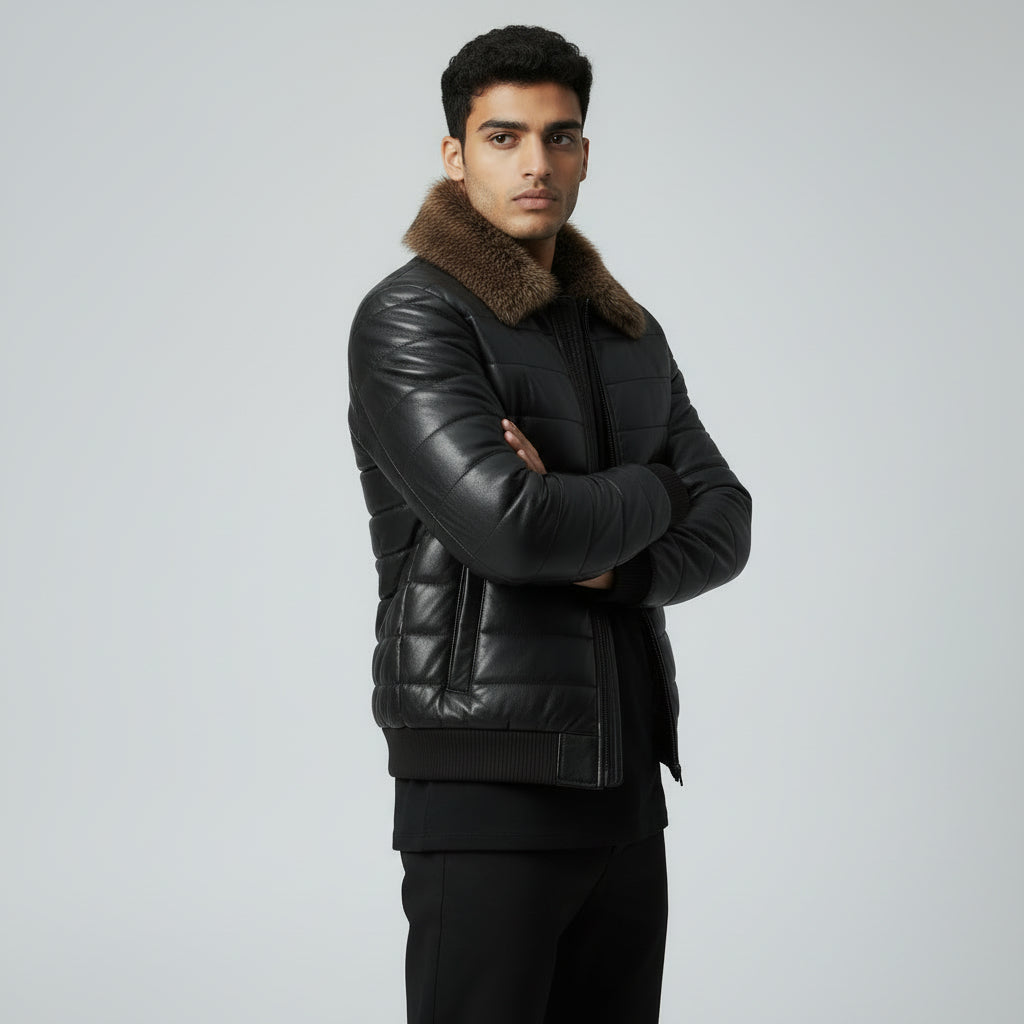 Men's Bomber Style Leather Jacket with Fur Collar - Vintage Aviator Look