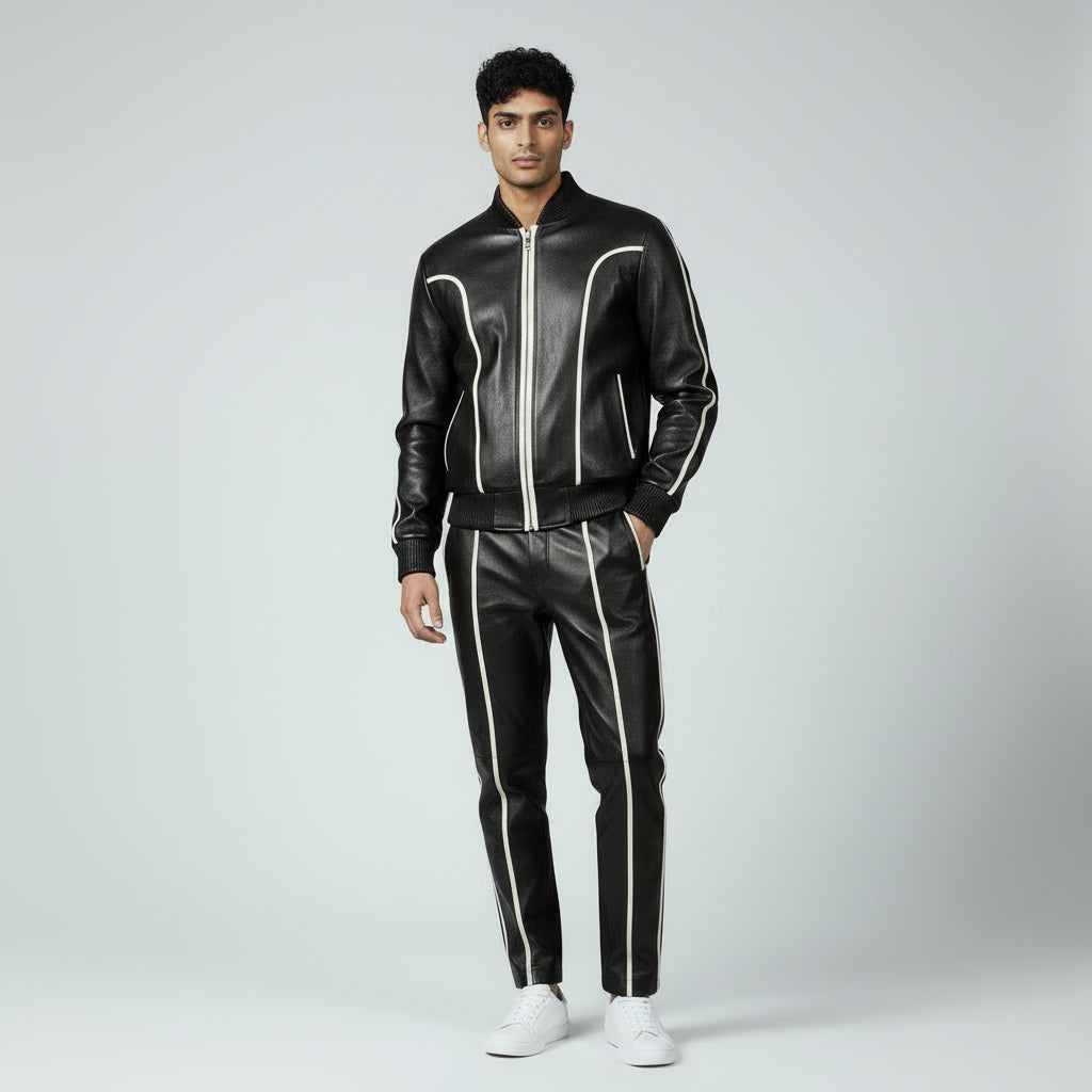 Men's Black Leather Track Suit Sweatsuit