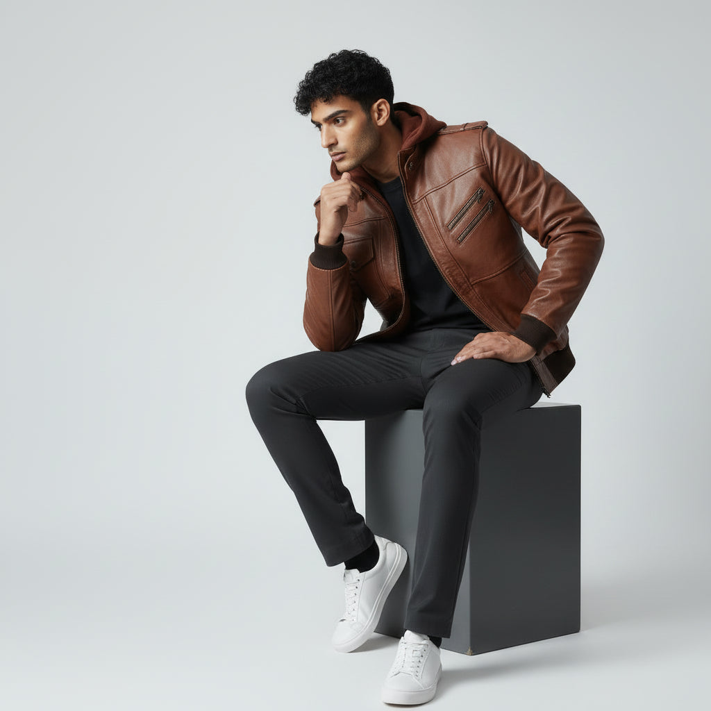 Hooded Brown Leather Biker Jacket for Men's