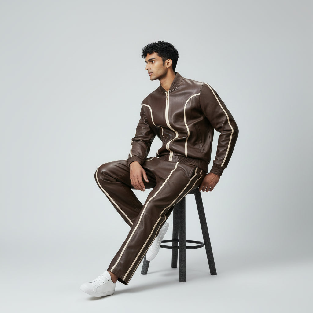 Men's Brown Leather Track Suit jogging Sweatsuit