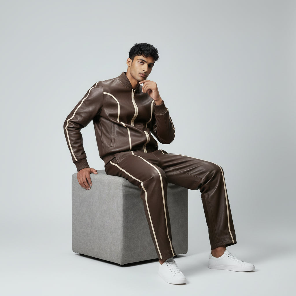 Men's Brown Leather Track Suit jogging Sweatsuit