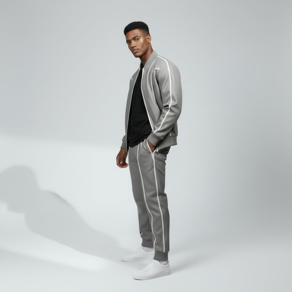Men's Grey Leather Track Suit Sweatsuit