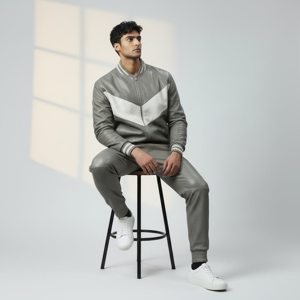 Men's V Grey Leather Track Suit jogging Sweatsuit