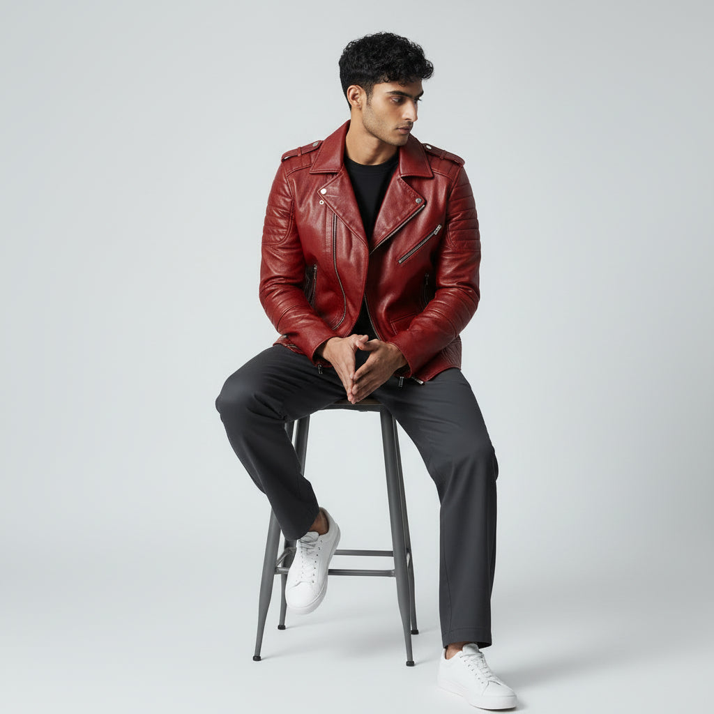Men's Red Café Racer Biker Leather Jacket