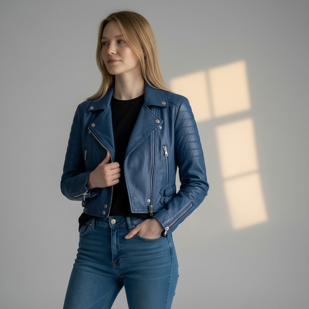 cropped Blue leather jacket For Women's