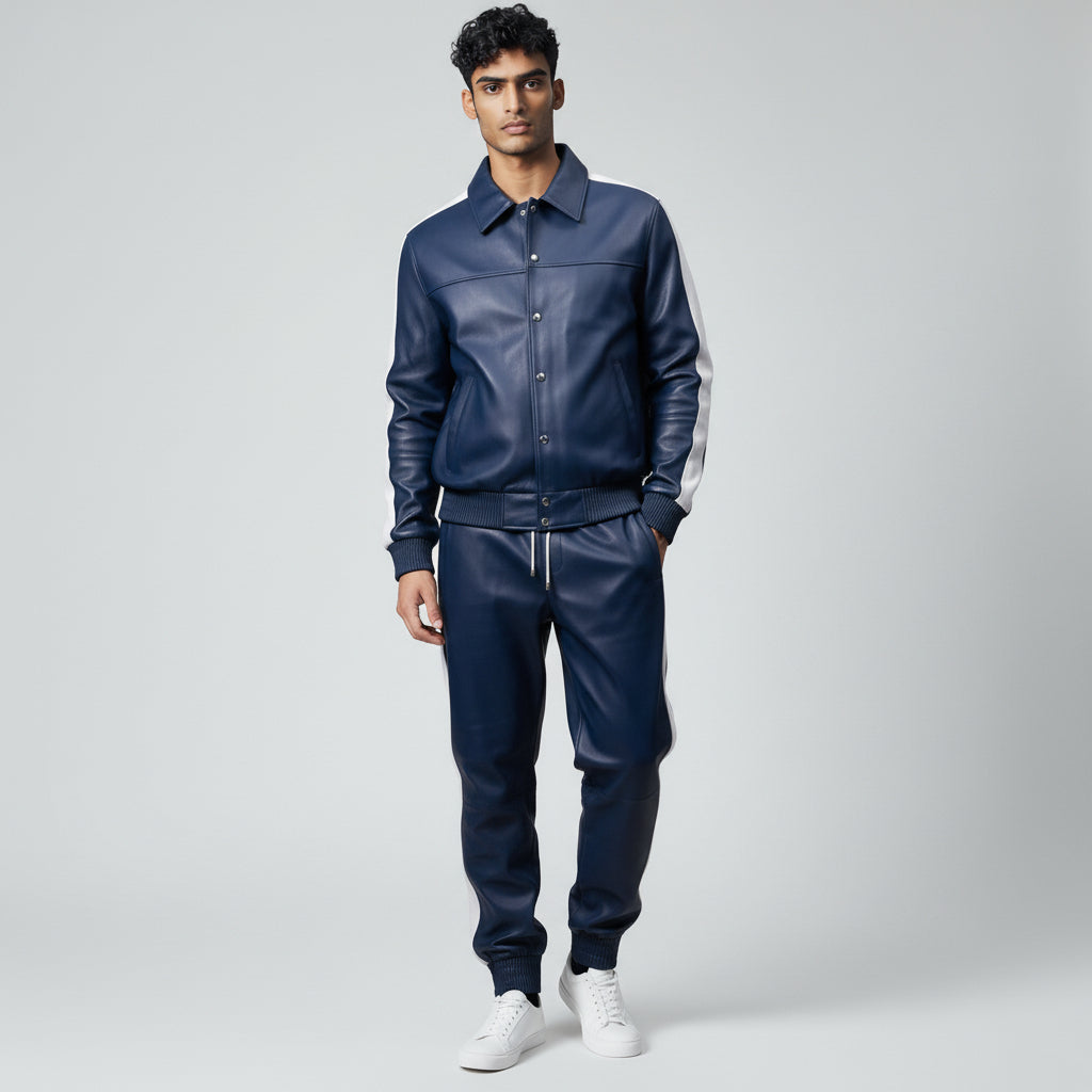 Men's Blue Leather Track Suit jogging Sweatsuit