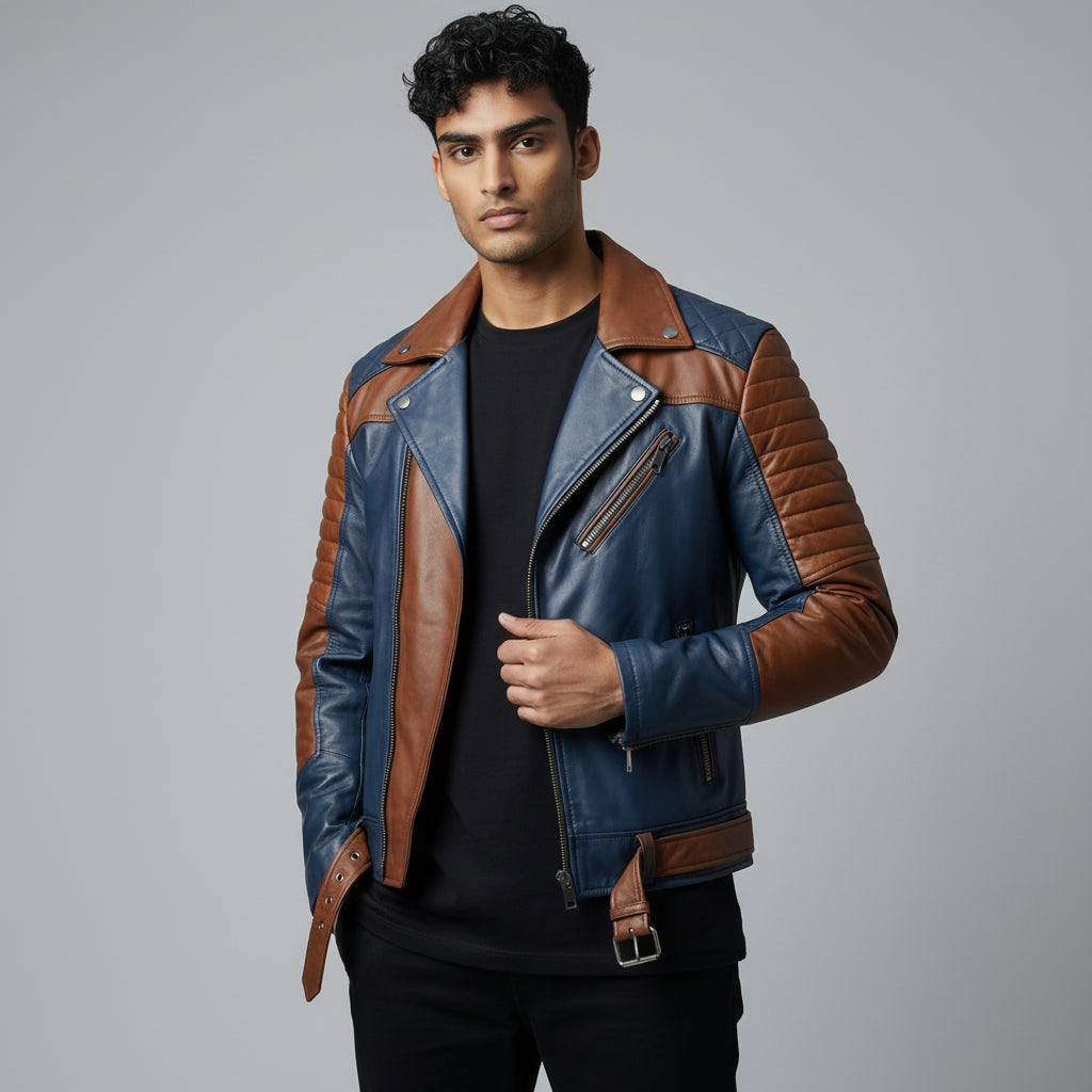 Blue and Brown Cafe Racer Leather jacket