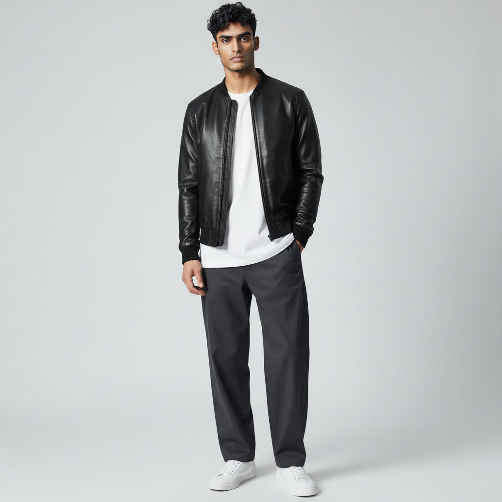 Black Slim Fit Leather Jacket for Men's