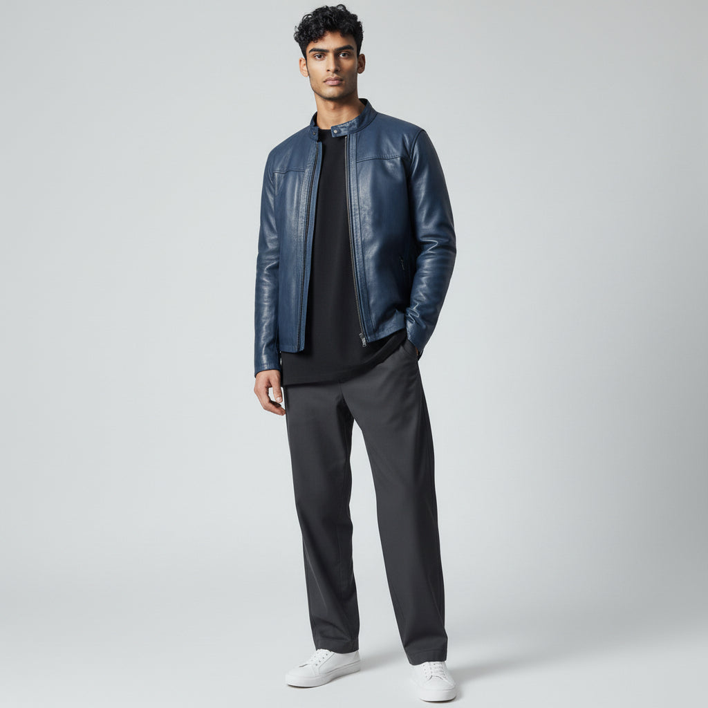 Bold Blue Leather Jacket with White Premium Fur
