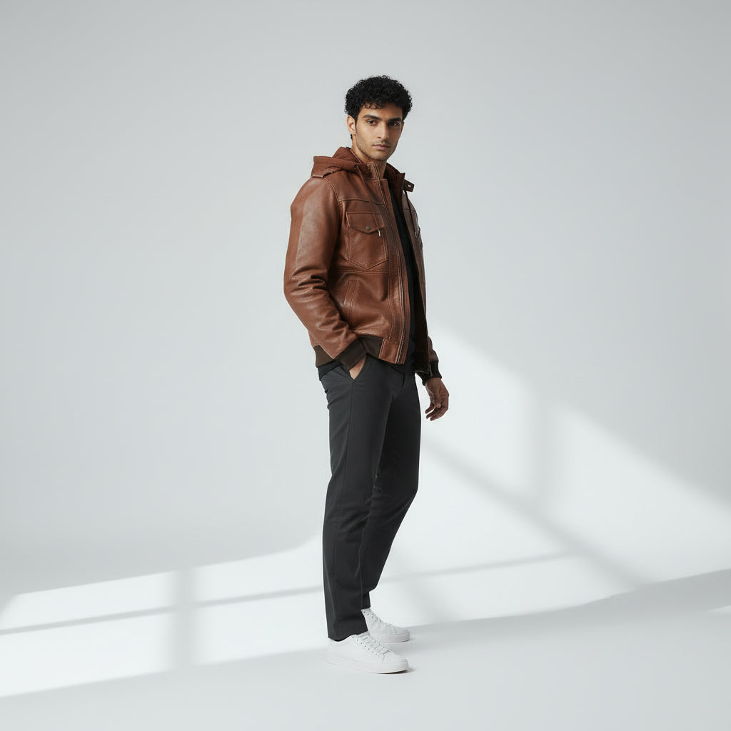 Hooded Brown Leather Biker Jacket for Men's