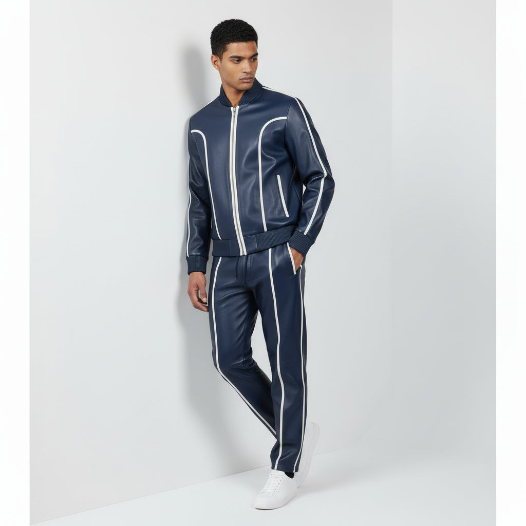Men's Blue Leather Track Suit Sweatsuit