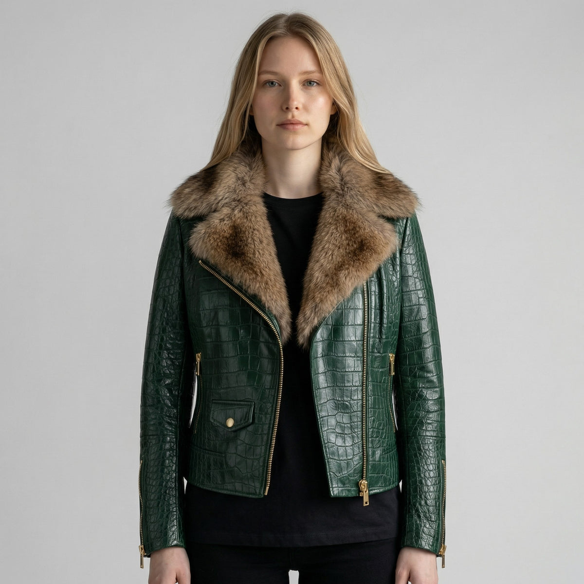 Women's Olive Green Crocodile-Embossed Leather Fur jacket
