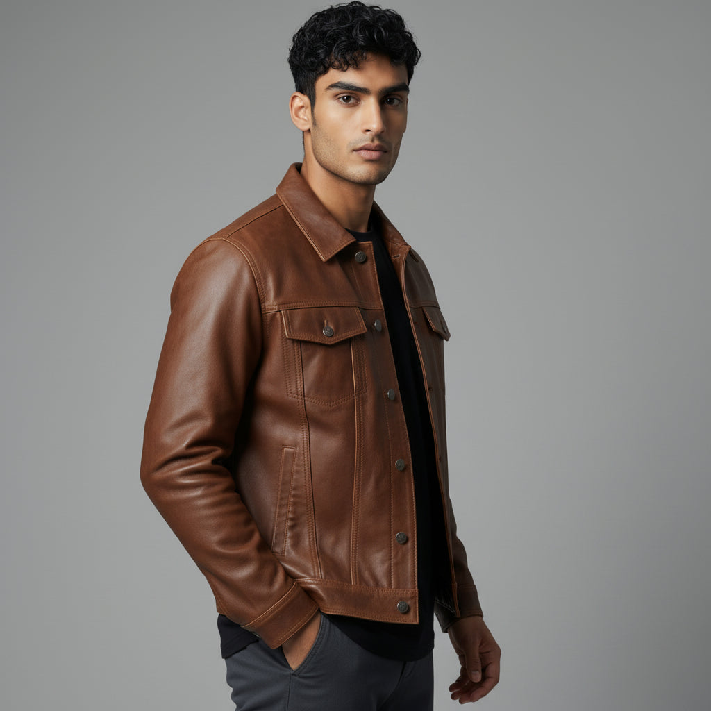 Driggs Tan Leather Biker Jacket for men’s